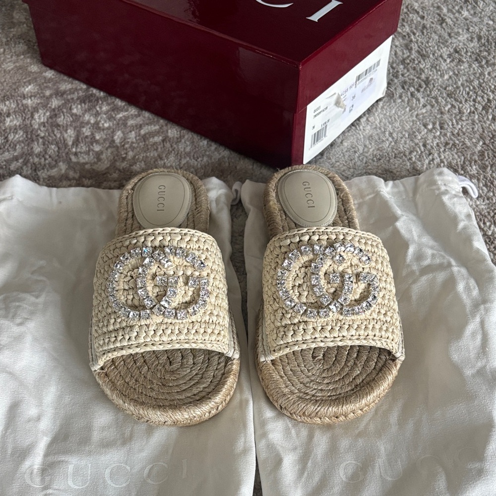 New with box! Authentic Gucci Women's Sz 36 Espadrille Slides with Crystal $930 - Picture 2 of 9